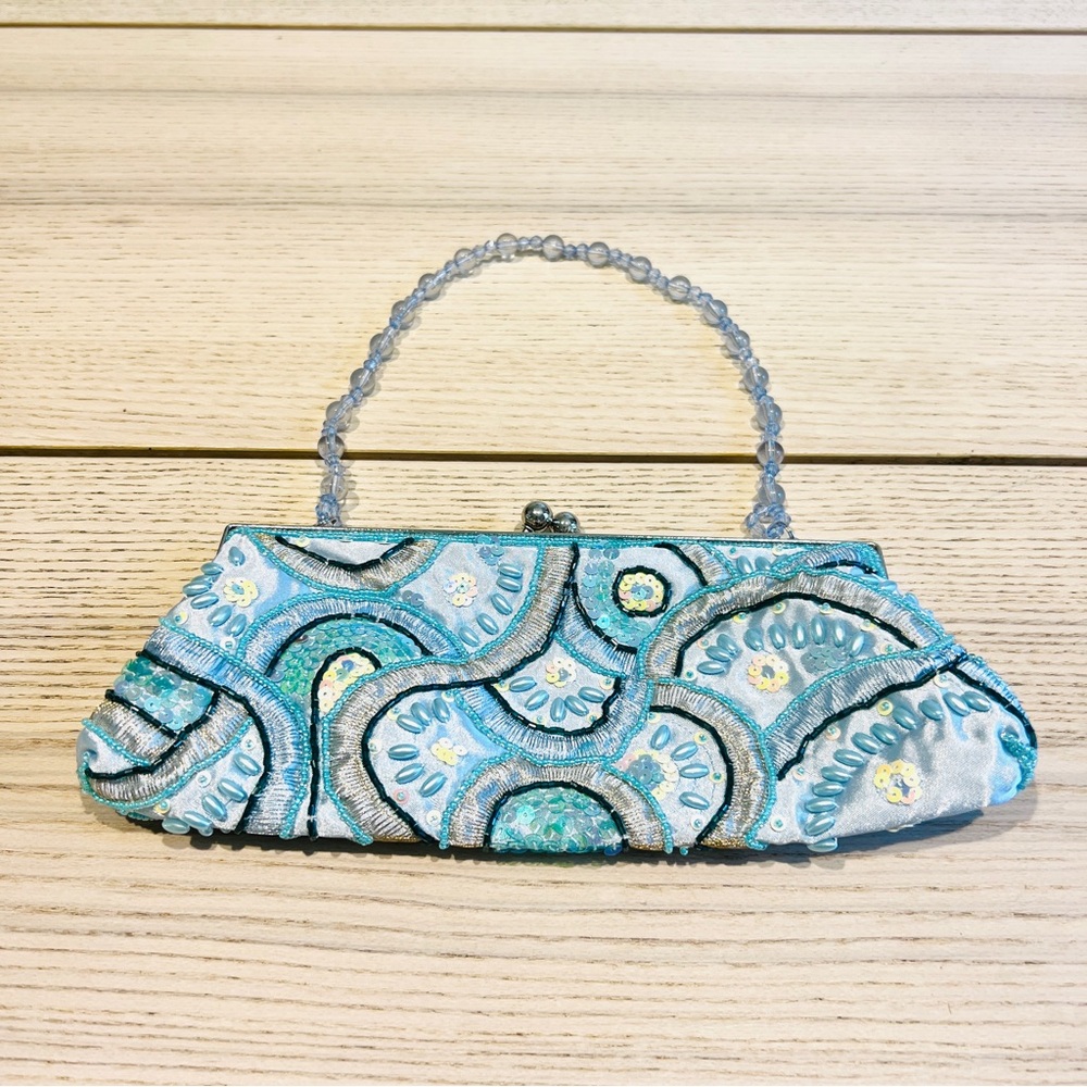 blue Embroidered, Jeweled, sequins Beaded Small Clutch beaded strap crossbody